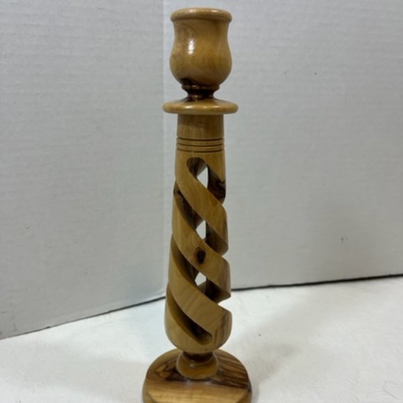 VTG Shabbat Olivewood 10" Taperer Candlestick Holder Jerusalem Barley Twist - Picture 2 of 6